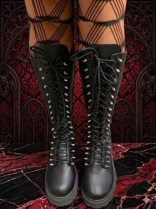 tragic beautiful Shoes - Custom Tragic Beautiful Black Hand Spiked Stud Lace-Up Knee Boots